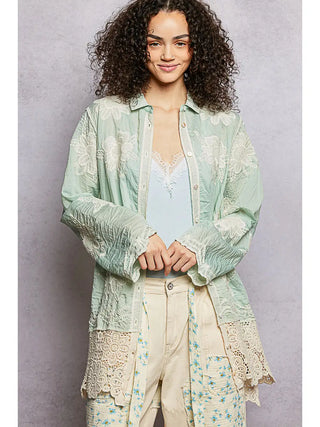 POL Lightweight Lace Boho Button-Down Kimono Shirt Mint