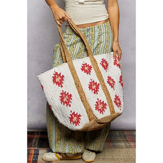 POL - Ivory/Red Denim Crochet Woven Tote Bag