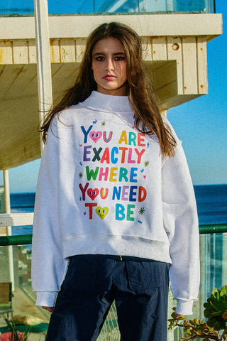 BUCKETLIST Exactly Where you Need to Be Reversible Graphic Mock-Neck Crop Sweatshirt