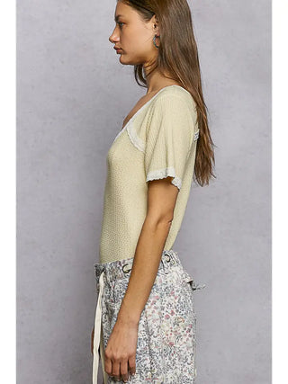 POL - Textured Knit V-Neck Short Sleeve Top - Lemon