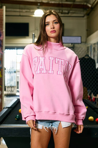 BUCKETLIST Embroidered "FAITH" Mock Neck Sweatshirt