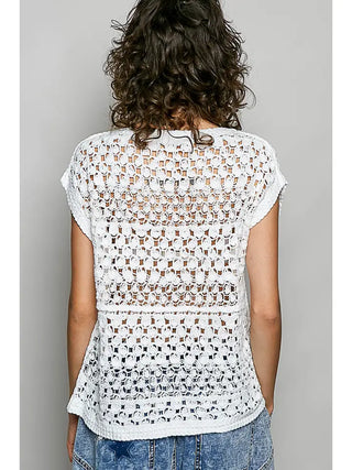 POL - Off-White Round Neck Sleeveless Striped Crochet Top