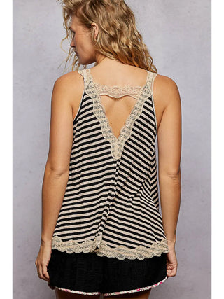POL Striped Lace Trim Tank Top