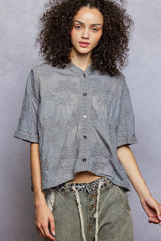 POL Embroidered Floral Hooded Button Top Heather Grey – Effortless Boho Style