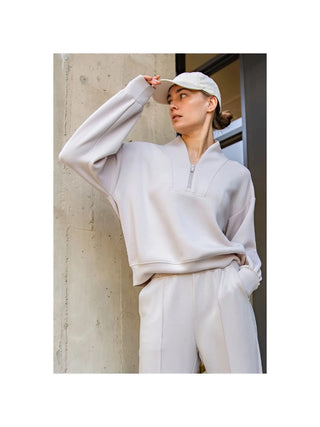 Rae Mode Half-Zip Lounge Pullover – Relaxed Fit Comfort Top Cream Mocha