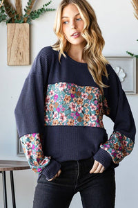 HEIMISH - LONG PUFF SLEEVE SOLID URBAN RIBBED AND FLORAL TOP