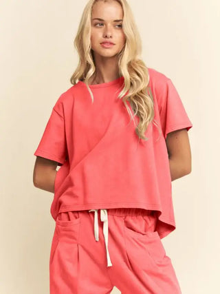 Davi & Dani Garment Washed Pleat Top Pants Set Coral