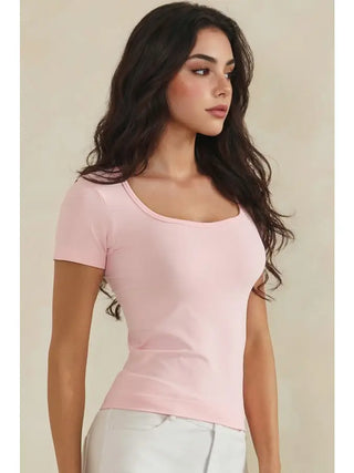 Yelete - Seamless Scoop Neck Short Sleeve Top - Pink