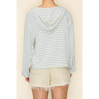 The Greii - Stripe Button Front Hooded Top - Light Blue/Red Stripe