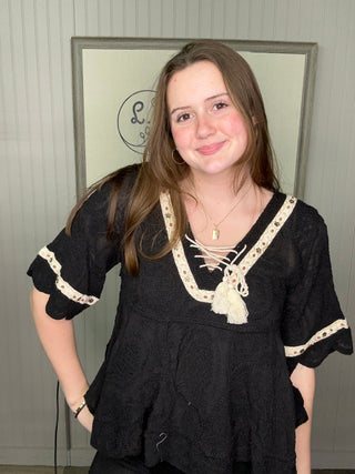 Textured Lace-Up Boho Blouse – Effortless with a Statement