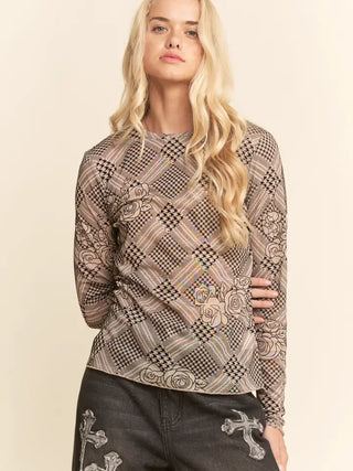 Davi & Dani - Floral Plaid Velvet Flocked Mesh Top