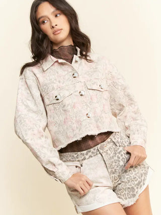 Davi & Dani - Washed Floral Loose Fit Denim Cropped Jacket