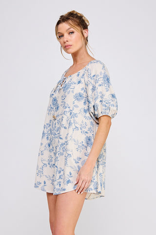 Allie Rose Printed Linen Blend On/Off-Shoulder Romper Dress