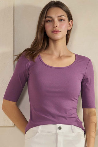 Yelete Pure Comfort Modern Mid Sleeve Ribbed Fitted Top Plum