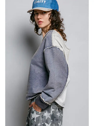 Pol - Casual French Terry Outseam Accent Solid Long Sleeve Top