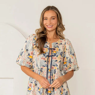 Sew In Love - Relaxed Fit Floral Lace Up Puff Sleevess Dress