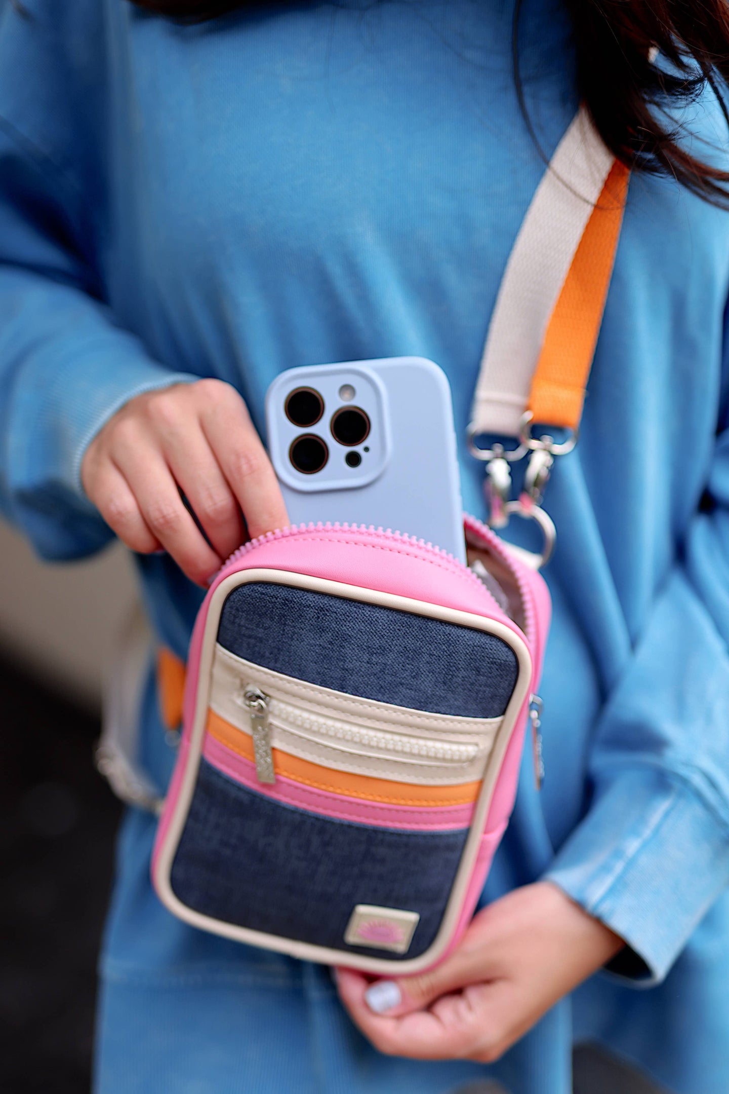 Jadelynn Brooke - Crossbody Purse- Denim Print (Denim/Cream/Pink)