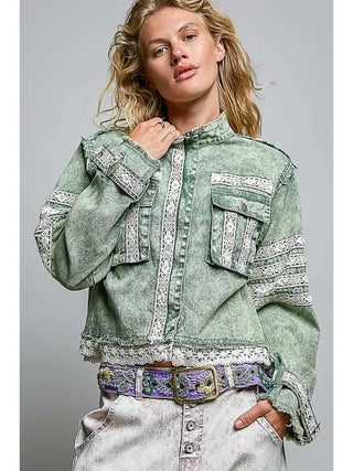 Pol - Vintage Wash Denim Lace Trim Buckle Cuff Stand Collar Jacket