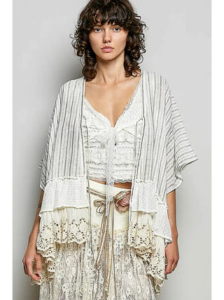 POL - Eyelet Lace Ruffle Stripe Pattern Cardigan Top -Natural