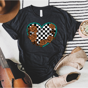 Festivitees - Turquoise Checkered Heart with Flowers Graphic Tee