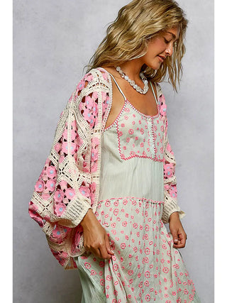 POL Pink Floral Crochet Kimono Cardigan – Boho Lightweight Layer