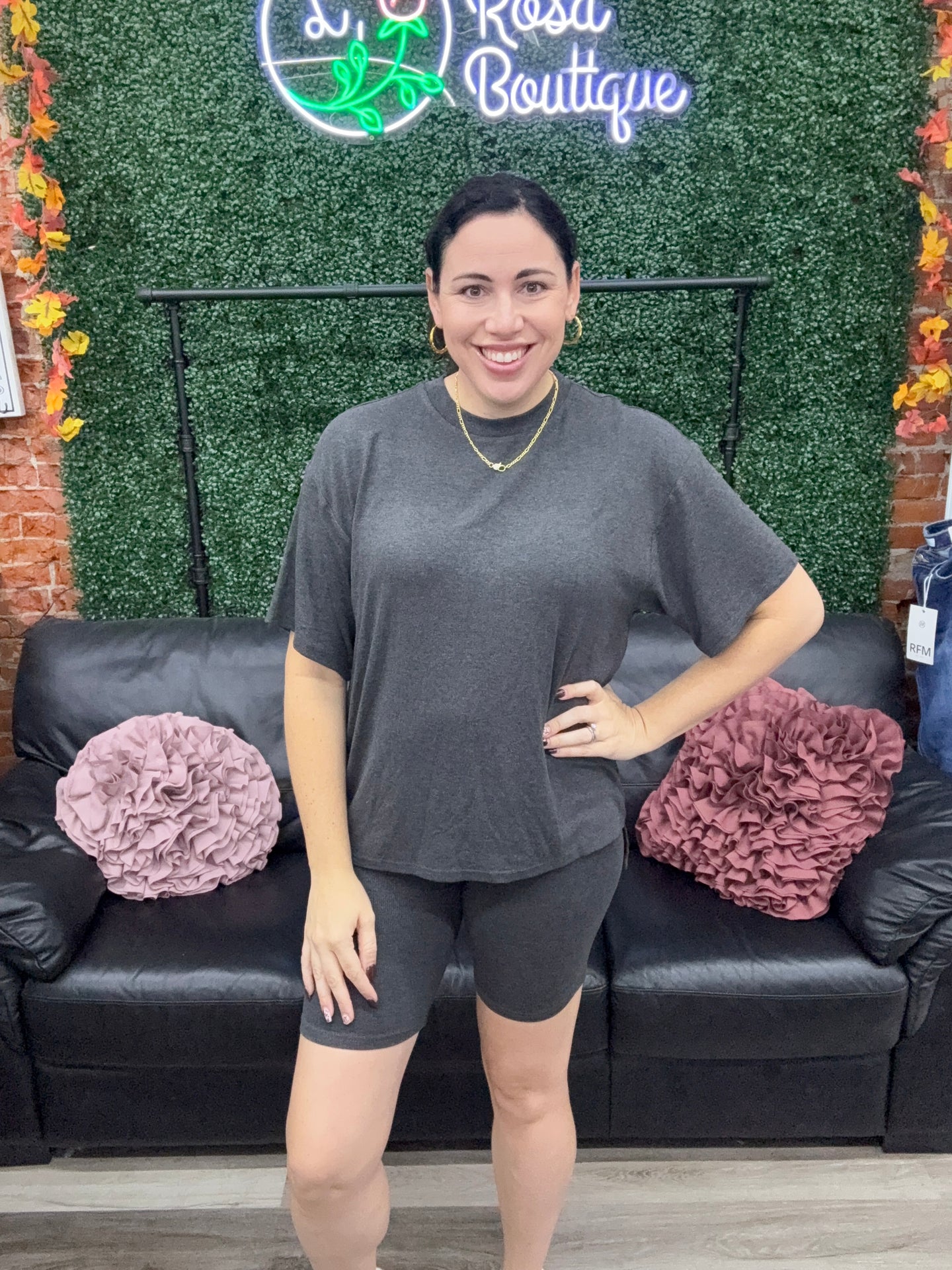 White Birch High-Waisted Knit Biker Short- Charcoal