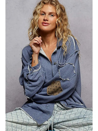 POL Relaxed Fit Ballon Sleeve Patch Shirt - Cornflower Blue
