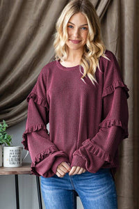 HEIMISH - PUFF SLEEVE ROUND NECK SOLID URBAN RIBBED TOP WITH SHIRRING DETAIL