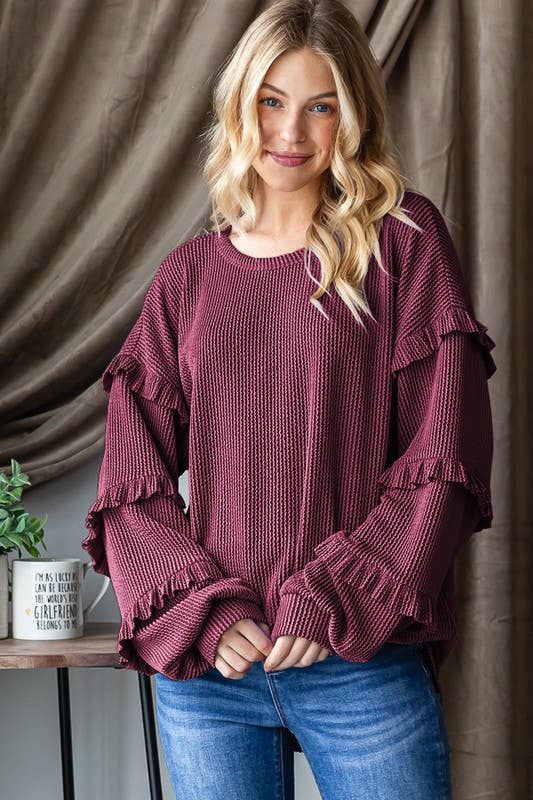 HEIMISH - PUFF SLEEVE ROUND NECK SOLID URBAN RIBBED TOP WITH SHIRRING DETAIL