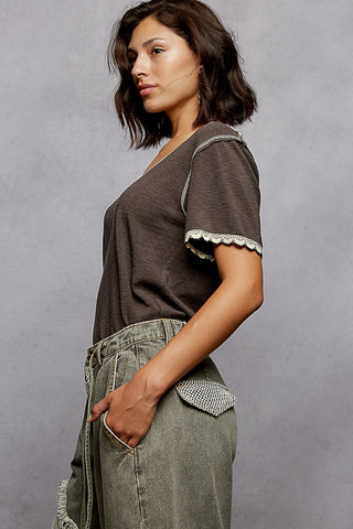 Pol Lace Trim V-Neck Short Sleeve Tee