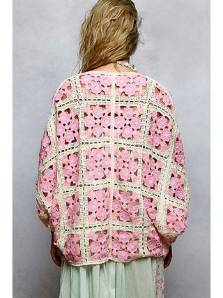 POL Pink Floral Crochet Kimono Cardigan – Boho Lightweight Layer