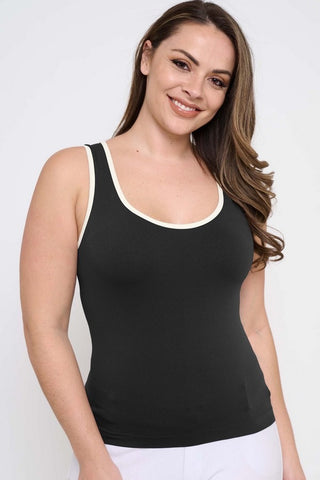 Yelete Round Neck Crop Shapewear Tank with Piping- Black/Ivory