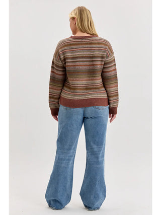 Be Cool Multi Color Striped Textured Sweater Top - Burgundy