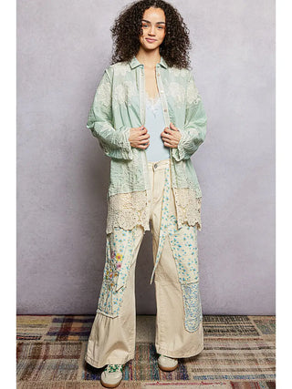POL Lightweight Lace Boho Button-Down Kimono Shirt Mint