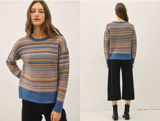 Be Cool Multi Color Striped Textured Sweater Top - Denim