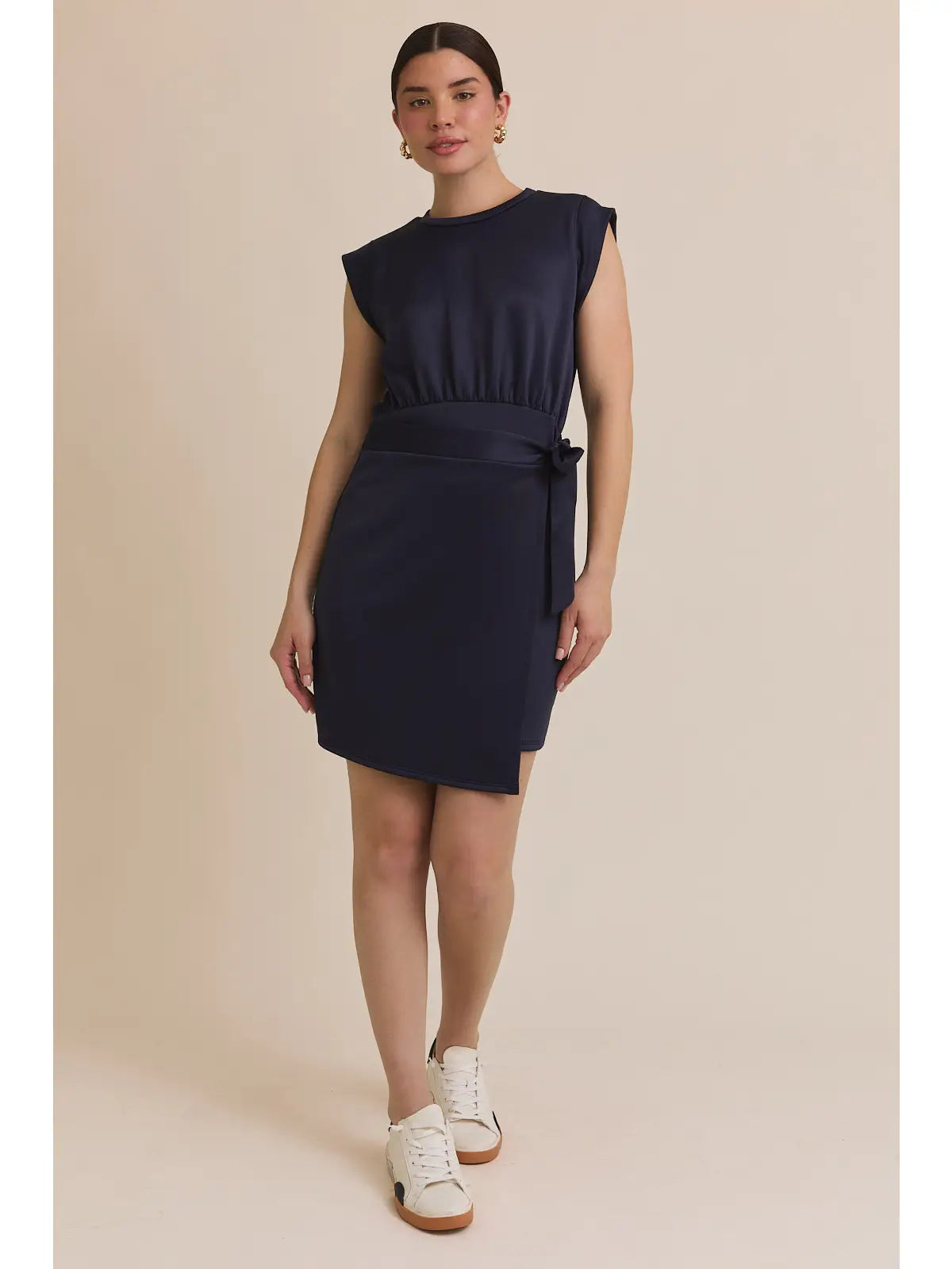 Round Neck Sleeveless Wrap Mini Dress - Navy