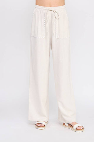 Allie Rose - Bow Embroidered Soft Linen Palazzo Pant
