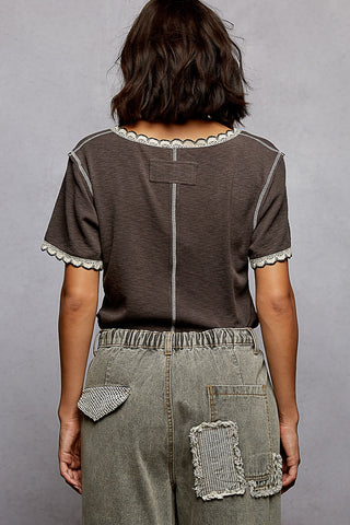 Pol Lace Trim V-Neck Short Sleeve Tee
