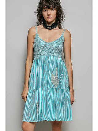 POL - Striped Pattern Sleeveless Spangle Embroidered Dress
