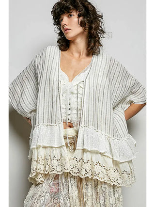 POL - Eyelet Lace Ruffle Stripe Pattern Cardigan Top -Natural