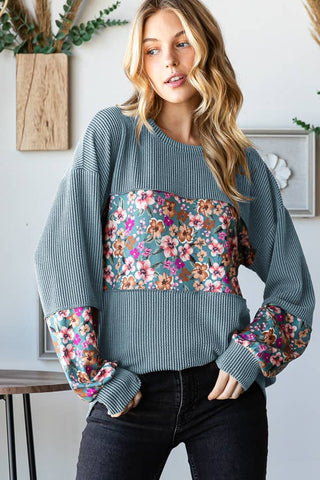 Heimish Long Puff Sleeve Solid Urban Ribbed Floral Top - Olive Vintage