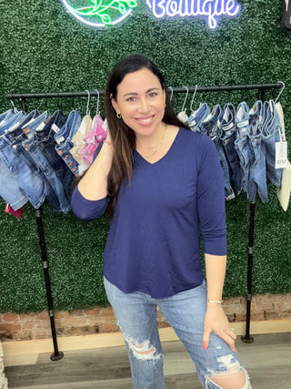 V Neck Dear Scarlett Navy 3/4 No Wrinkle Blouse