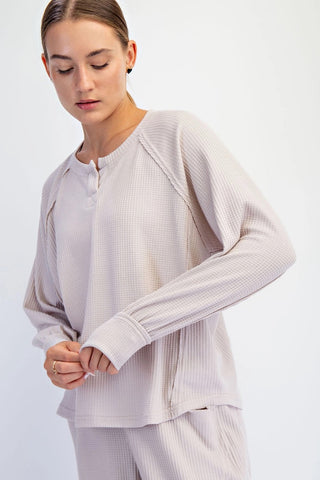 Rae Mode Waffle Knit Long Sleeve Lounge Top Taupe