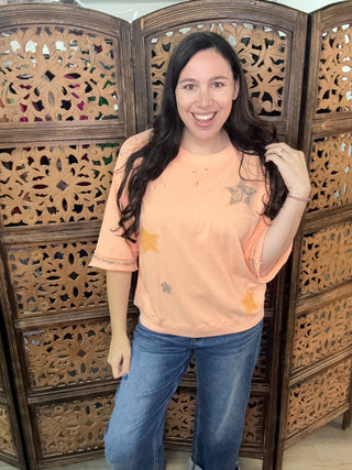 Easel - Coral Cream Patchwork T-Shirt