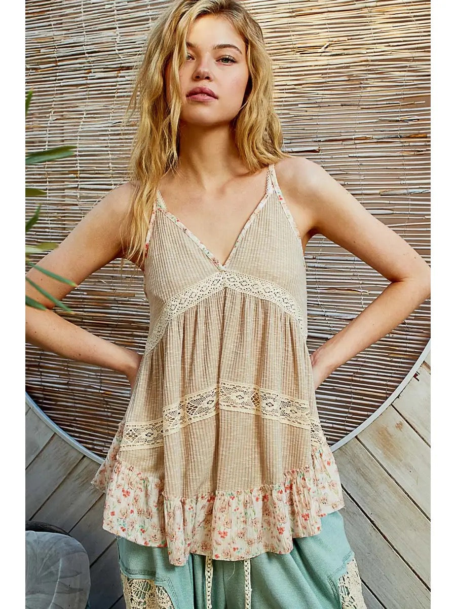 POL Tank With Floral Trim And Spaghetti Straps - Black, Herb, Toasted Almond, Cream- SMT2748