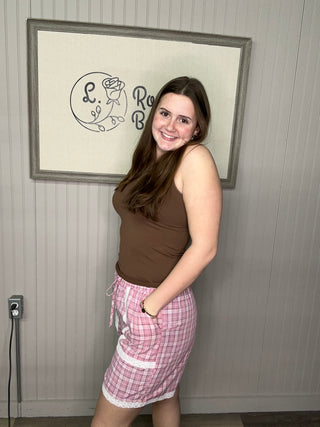 Oddi Pink Plaid Patch Pocket with Lace Trim Shorts