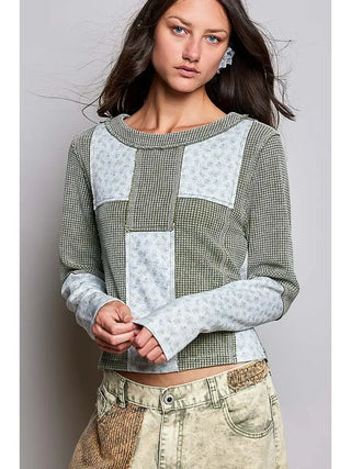 Pol - Waffle Knit Contrast Patchwork Top - Deep Matcha