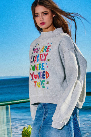 BUCKETLIST Exactly Where you Need to Be Reversible Graphic Mock-Neck Crop Sweatshirt