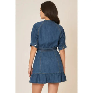 Cozy Co - Denim Button Up V Neck Half Sleeve Mini Dress