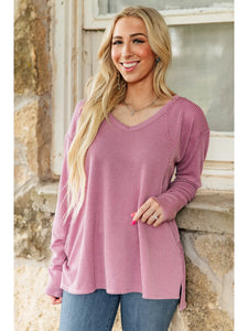 Curly Rib V Neck Long Sleeve Top